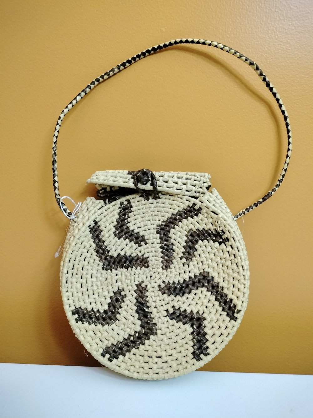 Handwoven Round Straw Crossbody Bag Natural Black Geometric Boho Round Purse